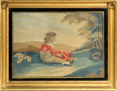 Lot 253 - A Georgian silkwork picture depicting a little boy playing with a music box