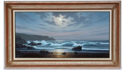 Lot 776 - Alan Dinsdale - Moonlight, Waves, and Rocks | acrylic