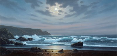 Lot 776 - Alan Dinsdale - Moonlight, Waves, and Rocks | acrylic