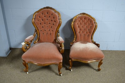 Lot 69 - Victorian lady's and gent's 'show frame' matching easy chairs.