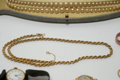 Lot 160 - Two gold rings; gold twist link necklace; two gold cocktail watches; and other items.