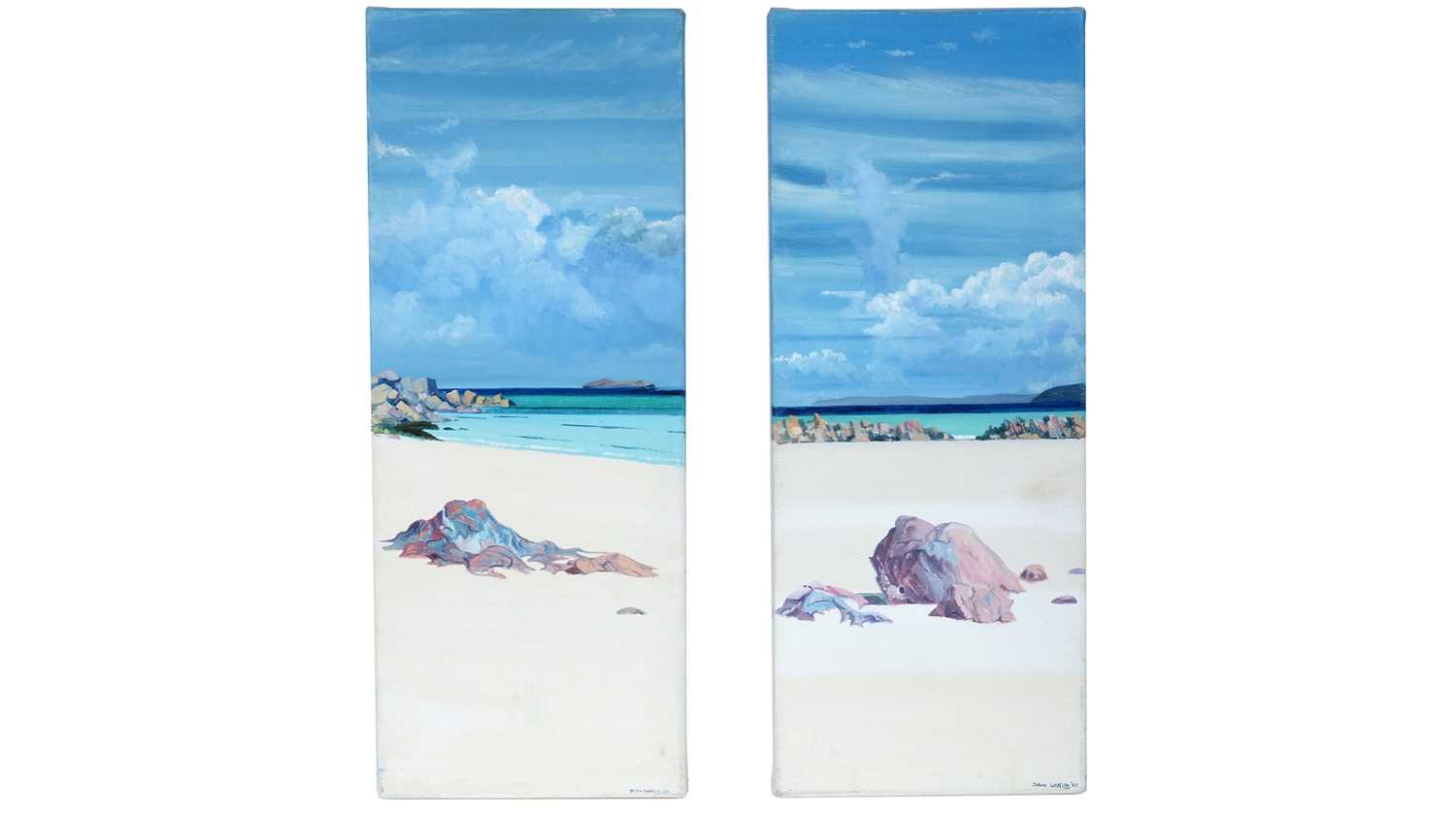 Lot 787 - John Watling - Foreground Rocks and Distant Reidl Island, and Young Siblings, Iona - acrylic