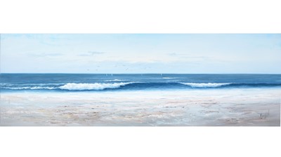 Lot 784 - Roger Vilamont - Panoramic Seascape with Shimmering Shores and Sailboats | acrylic