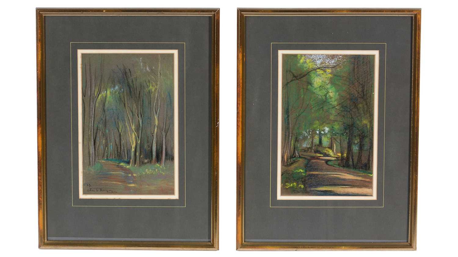 Lot 741 - Charles W. Hemingway - Dappled Light in a Verdant Woodland | pastel pair