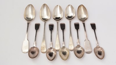 Lot 189 - Five silver dessert spoons and other tablespoons.