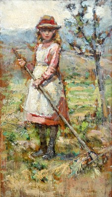 Lot 1046 - Attributed to Isa Jobling - Portrait of a young girl raking leaves | oil