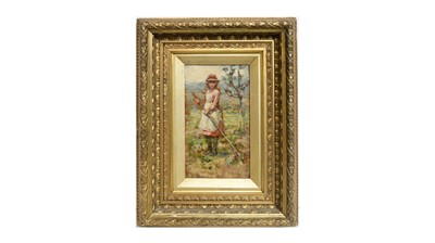 Lot 1046 - Attributed to Isa Jobling - Portrait of a young girl raking leaves | oil