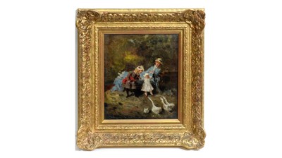 Lot 75 - 19th Century French Impressionist - A family takes delight in a trio of geese | oil