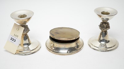 Lot 223 - A pair of silver candlesticks; together with an early 20th Century silver trinket box.
