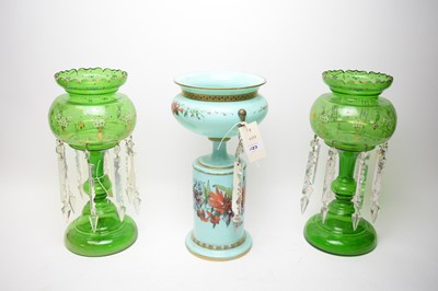 Lot 423 - A pair of Victorian green glass lustres; and an aqua blue lustre.