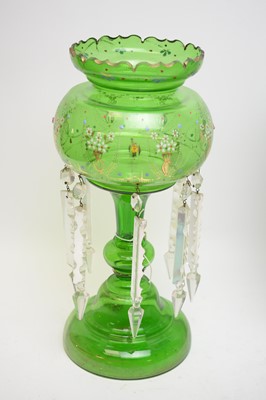 Lot 423 - A pair of Victorian green glass lustres; and an aqua blue lustre.