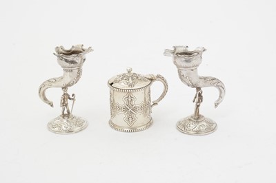 Lot 140 - A pair of late 19th C Continental vases; and a small Victorian mustard pot.