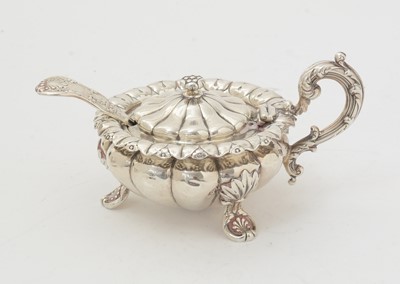 Lot 171 - Two silver mustard pots, one with spoon; and a pair of grape shears, varying dates.