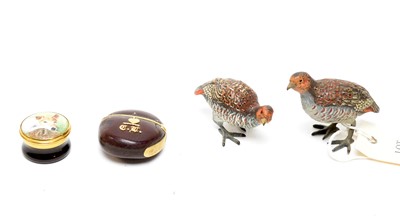 Lot 204 - A pair of cold painted bronze partridges; a gold mounted box; and a pill box.