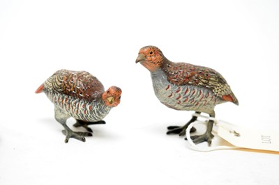 Lot 204 - A pair of cold painted bronze partridges; a gold mounted box; and a pill box.