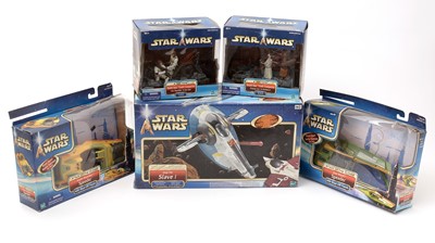 Lot 272 - Star Wars Jango Set Slave 1; two Amope dioramas; and two Attack of the Clones vehicles.