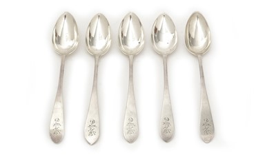 Lot 10 - A set of five George III silver Scottish dessert spoons.