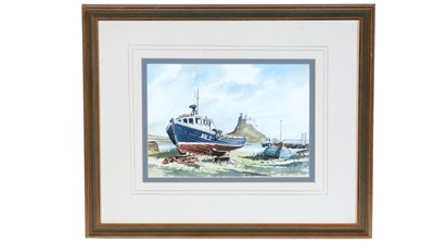 Lot 741 - Ronald William Thornton - Fishing Boats close to Lindisfarne Castle | watercolour