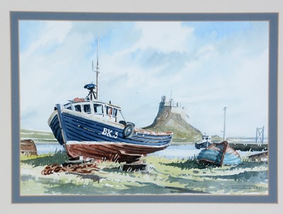 Lot 741 - Ronald William Thornton - Fishing Boats close to Lindisfarne Castle | watercolour