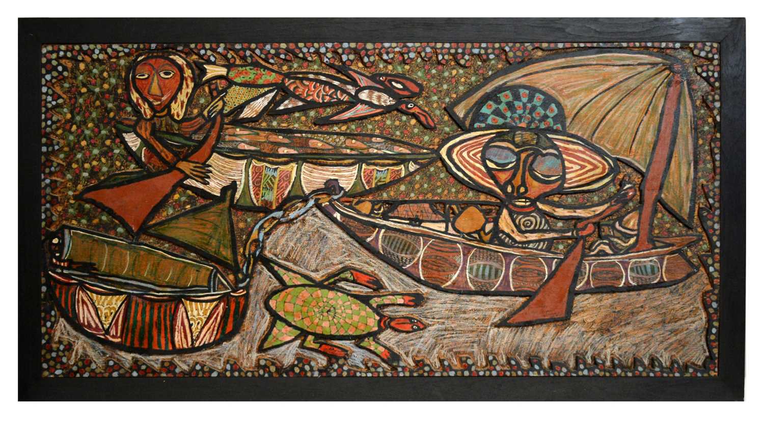 Lot 317 - Twins Seven-Seven - Boats and a Sea Turtle | mixed media; chip-carved and painted panel