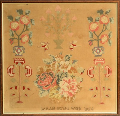Lot 254 - A Victorian needlework motif sampler, by Sarah Irvin, 1858