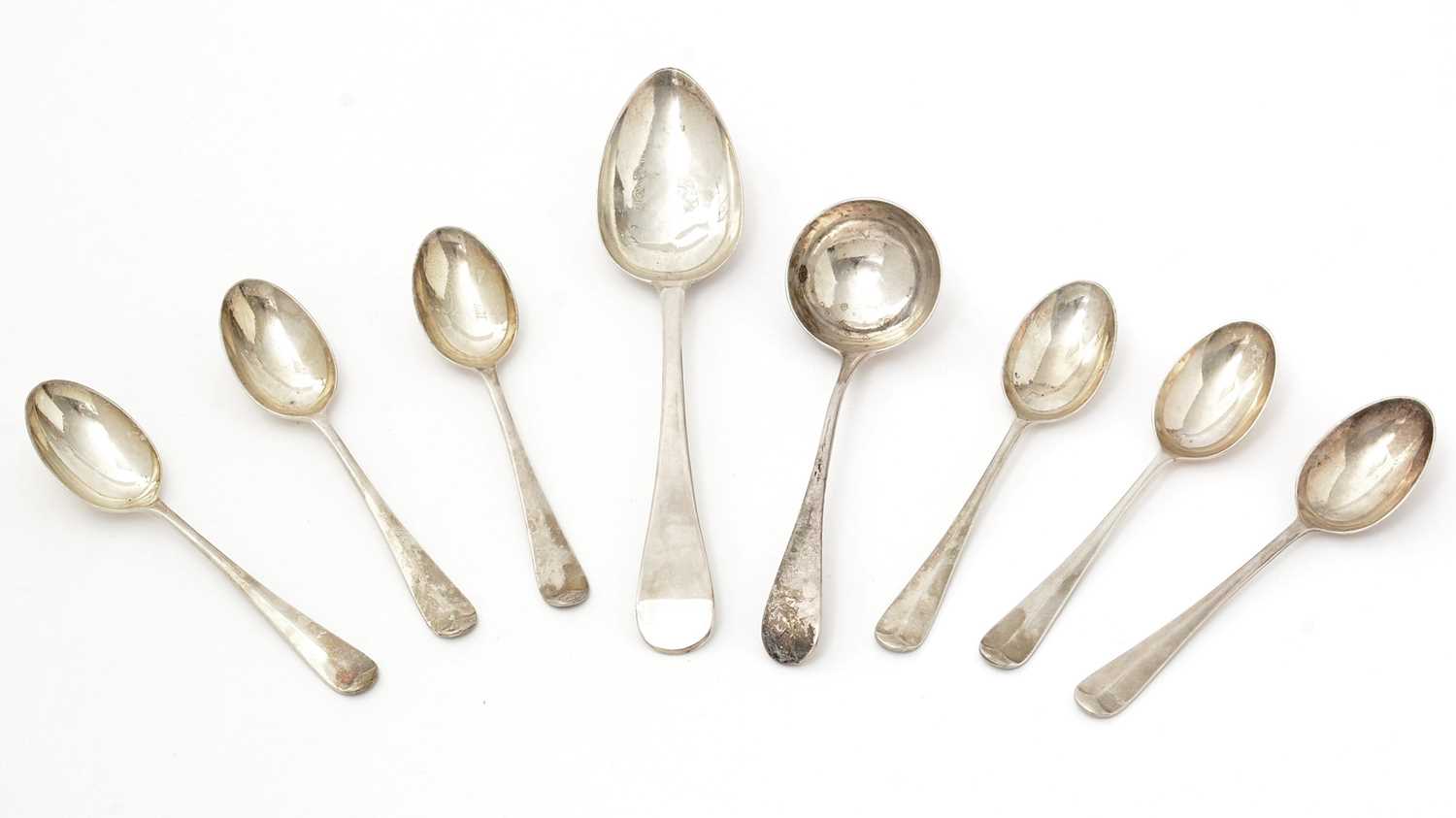 Lot 14 - A set of six Elizabeth II silver large teaspoons; sauce ladle; and tablespoon.