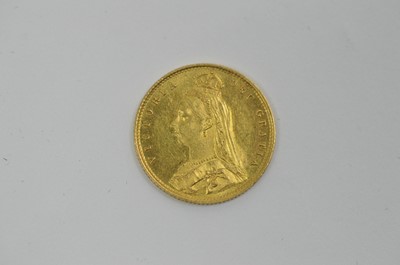 Lot 955 - Queen Victoria gold half sovereign, 1887, Jubilee bust and high shield back.