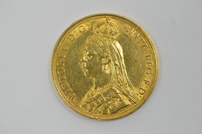 Lot 948 - Queen Victoria gold Two Pounds, 1887, Jubilee bust and St George reverse.