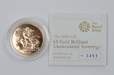 Lot 931 - Royal Mint Queen Elizabeth II Five Pounds gold brilliant uncirculated sovereign, 2009