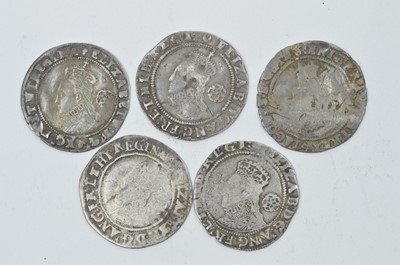 Lot 890 - United Kingdom: five Queen Elizabeth I hammered silver sixpences