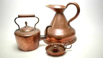 Lot 254 - A Victorian copper harvest measure jug; and other items