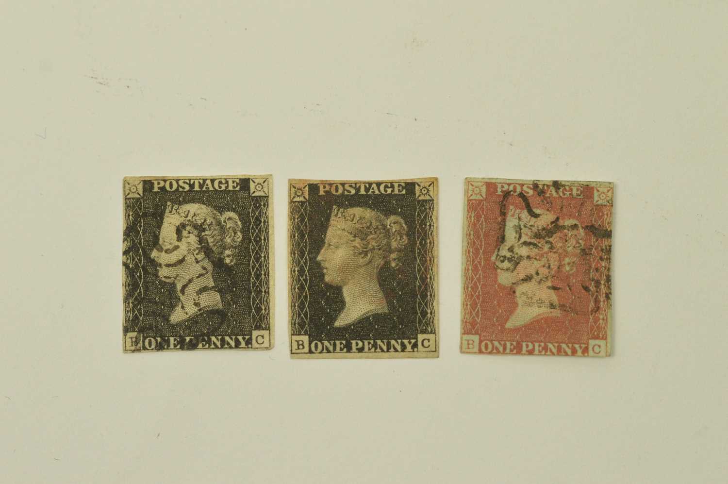 Lot 792 - GB QV two 1d. blacks and a 1d. red