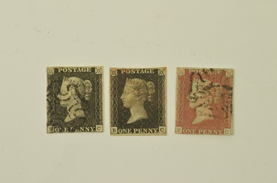 Lot 792 - GB QV two 1d. blacks and a 1d. red