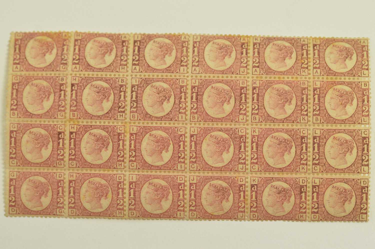 Lot 795 - GB QV 1870 1/2d. rose-red block of twenty-four