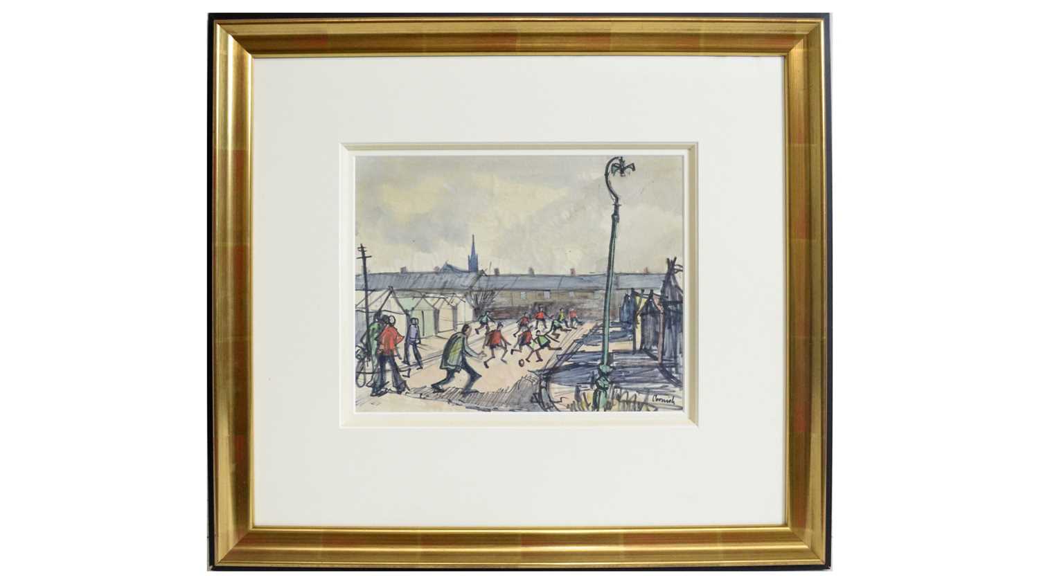 Lot 555 - Norman Cornish - Children Playing Football Near 'Prefab' Garages, Spennymoor | watercolour