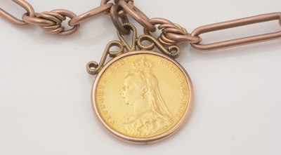 Lot 130 - A 9ct yellow gold watch chain with Victorian gold sovereign, 1888, in gold pendant mount