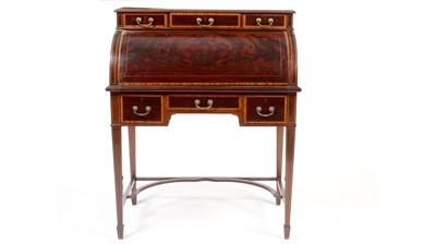 Lot 1099 - An Edwardian mahogany and satinwood banded cylinder bureau.