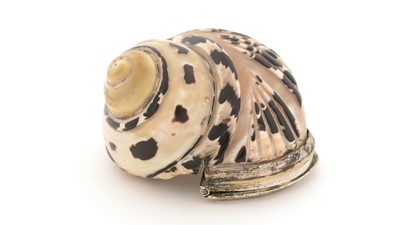 Lot 291 - A late 18th Century plated brass-mounted "magpie" shell (cittarium pica) snuff box.