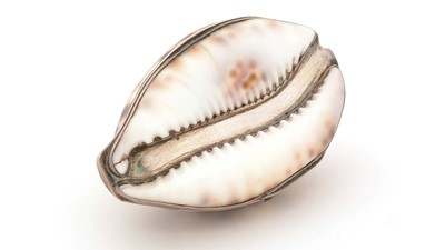 Lot 377 - A George III silver-mounted cowrie shell snuff box.