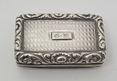 Lot 404 - A late Victorian snuff box; a George V silver box; and three silver vinaigrettes.