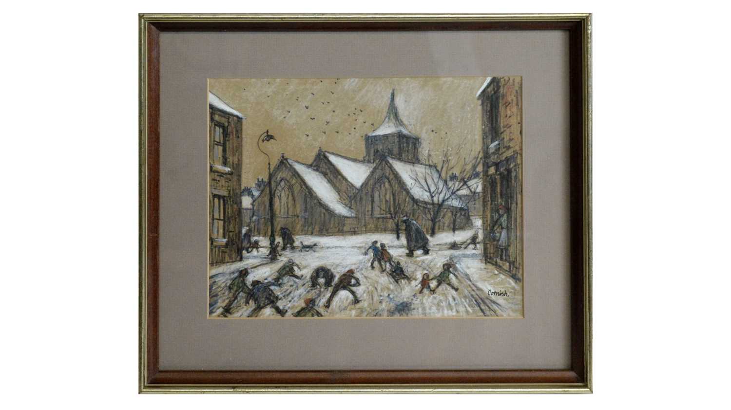 Lot 556 - Norman Cornish - Street Scene with Snow | ink and pastel