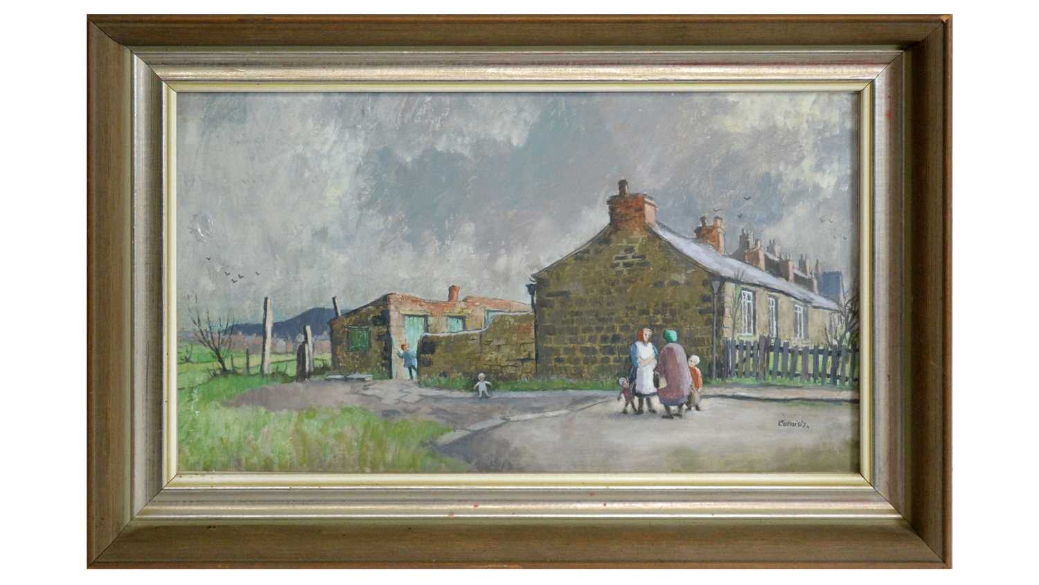 Lot 572 - Norman Cornish - Old Cottages Tudhoe Village, Tudhoe Colliery in the Distance | oil
