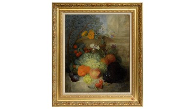 Lot 707 - 19th Century British School - Abundant Still Life with Fresh Fruit, Marigolds, and Sweet Peas | oil