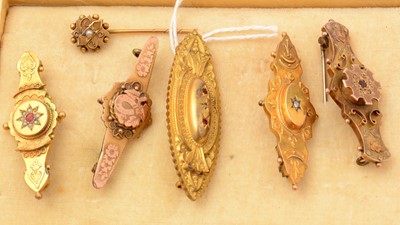 Lot 238A - A selection of five late Victorian gold brooches, and a 9ct yellow gold and seed pearl tie pin