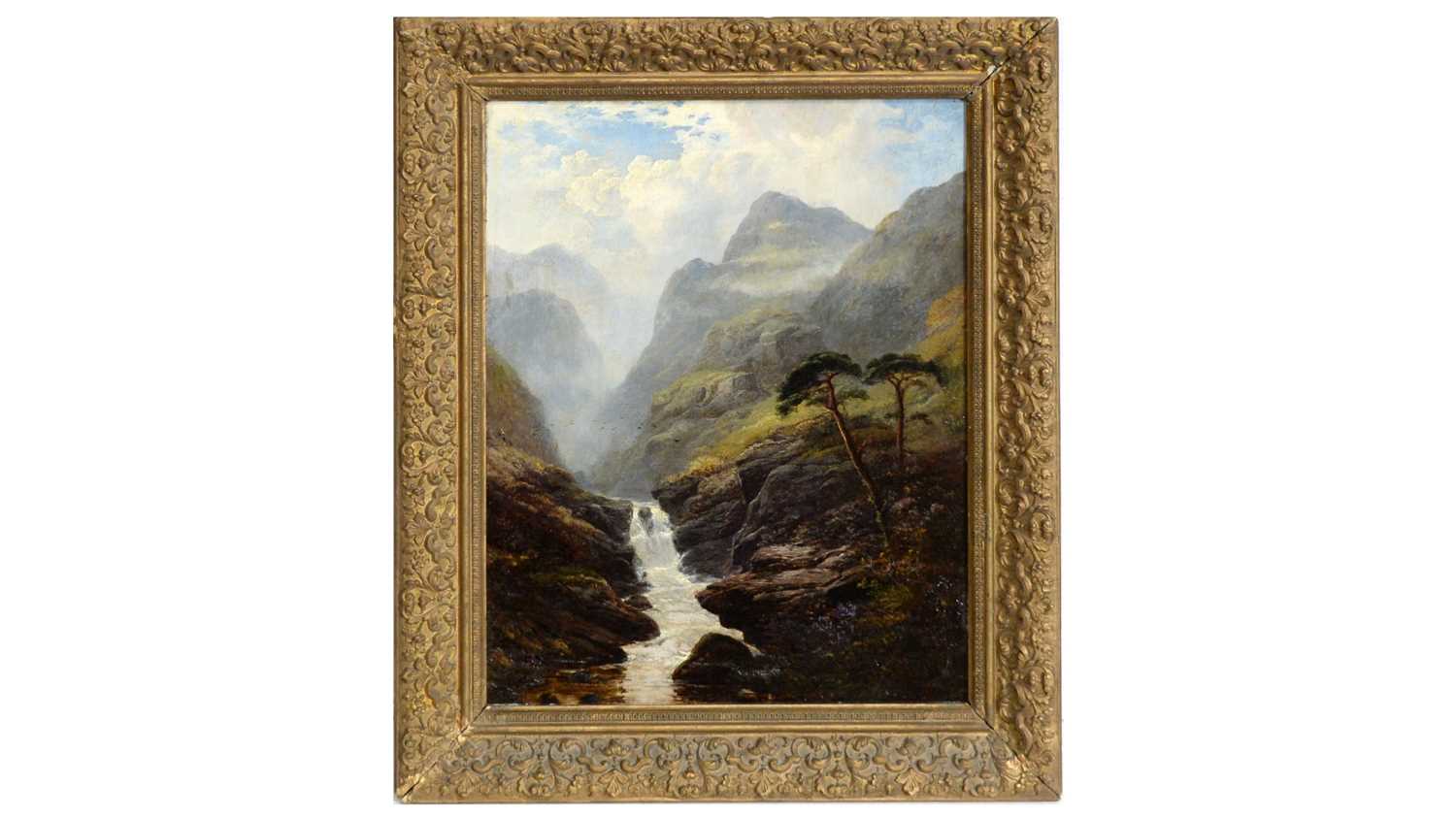 Lot 693 - George Blackie Sticks - Misty Scottish Highland Scene with Waterfall | oil