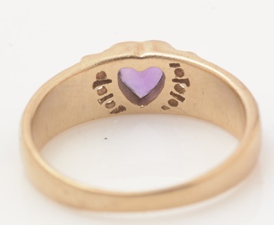 Lot 133 - A 9ct yellow gold, diamond and amethyst love heart sweetheart ring