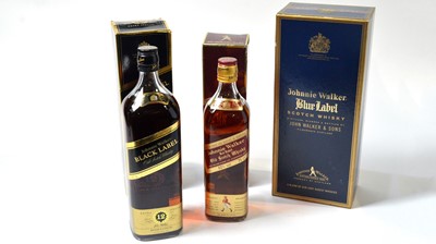 Lot 785 - Three bottles of scotch whiskey - Johnnie Walker black, blue & red.