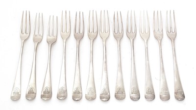 Lot 23 - A collected or Harlequin set of twelve George II/III table forks.