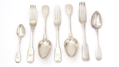 Lot 16 - Scottish Provincial silver fiddle pattern flatware, various spoons.