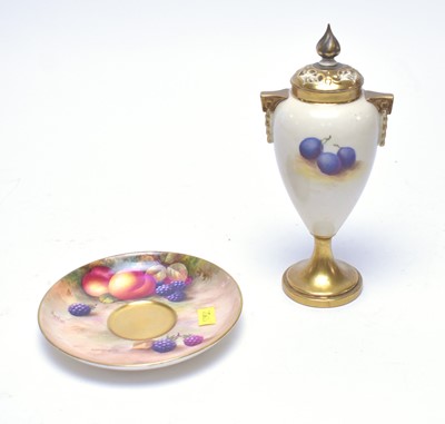 Lot 292 - A Royal Worcester fruit painted twin handled vase; together with a fruit painted saucer.